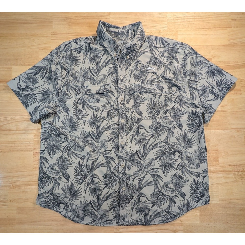 Silver Bait Mens XXL Fishing Shirt Gray Tropical Fish Palm Print Vented Stretch
